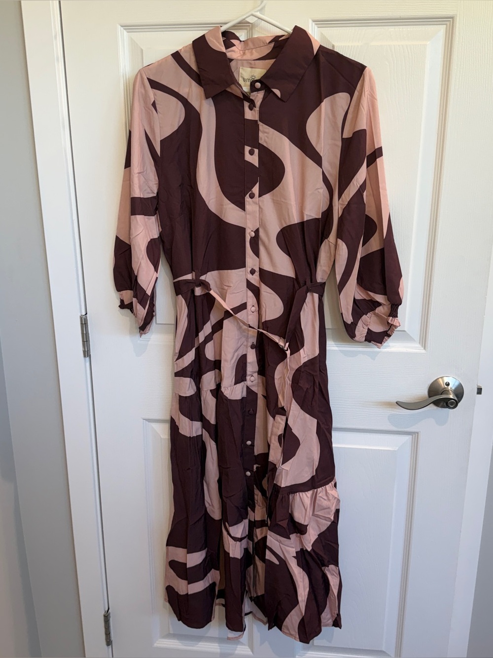 Umgee Abstract Print Belted Button-Front Midi Shirt Dress - Picture 2 of 5